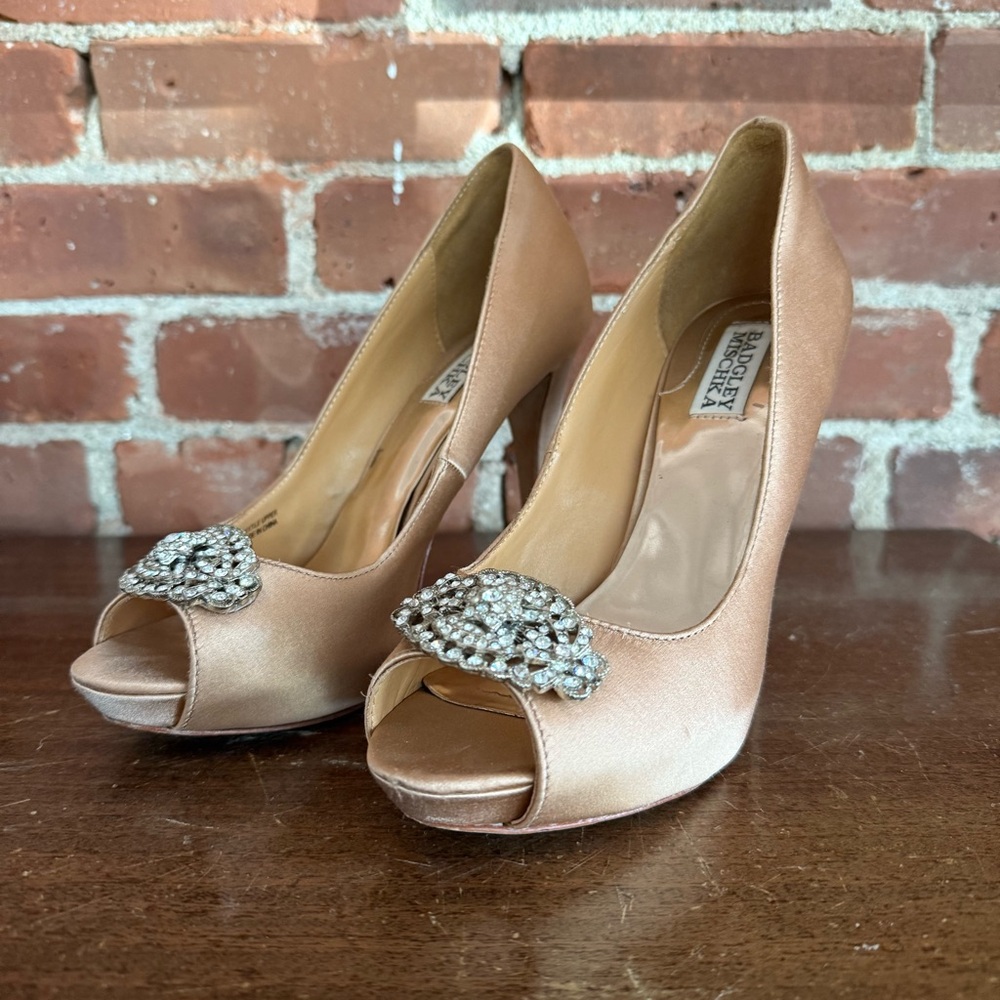 Badgley Mischka Satin Peep-Toe Heels with Rhinestone Embellishment - Tan